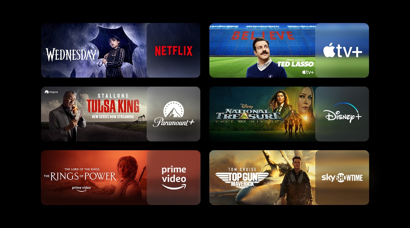 Seis blocos de imagem, cada um com o logótipo da plataforma de streaming e imagens das cenas. O logótipo da Netflix com Wednesday, o logótipo da Apple TV plus com Ted Lasso, o logótipo da Paramount plus com Rei de Tulsa, o logótipo da Disney plus com Tesouro Nacional, o logótipo da Prime video com Os Anéis do Poder, o logótipo da Sky showtime com Top Gun.